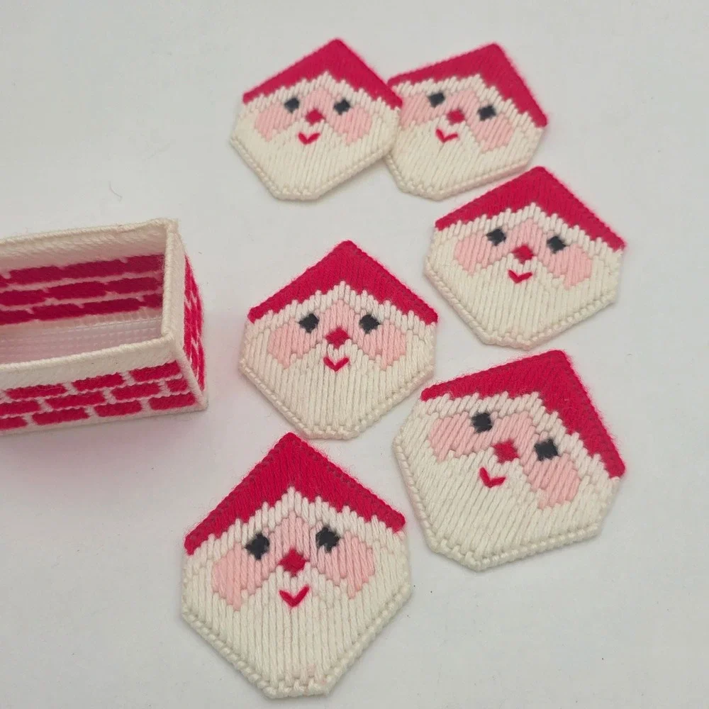 Vintage Handmade Plastic Canvas Santa Coasters Set of 6 with Chimney Holder Red
